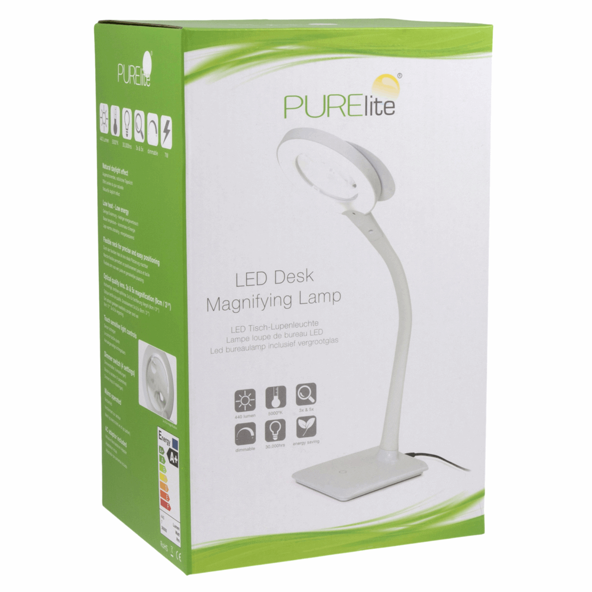 PURElite Magnifying Desk Lamp - Flexible arm with 3x and 5x magnification (mains powered)