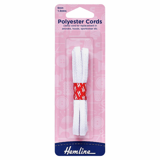 Hemline White Polyester Cord - 1.5m x 6mm