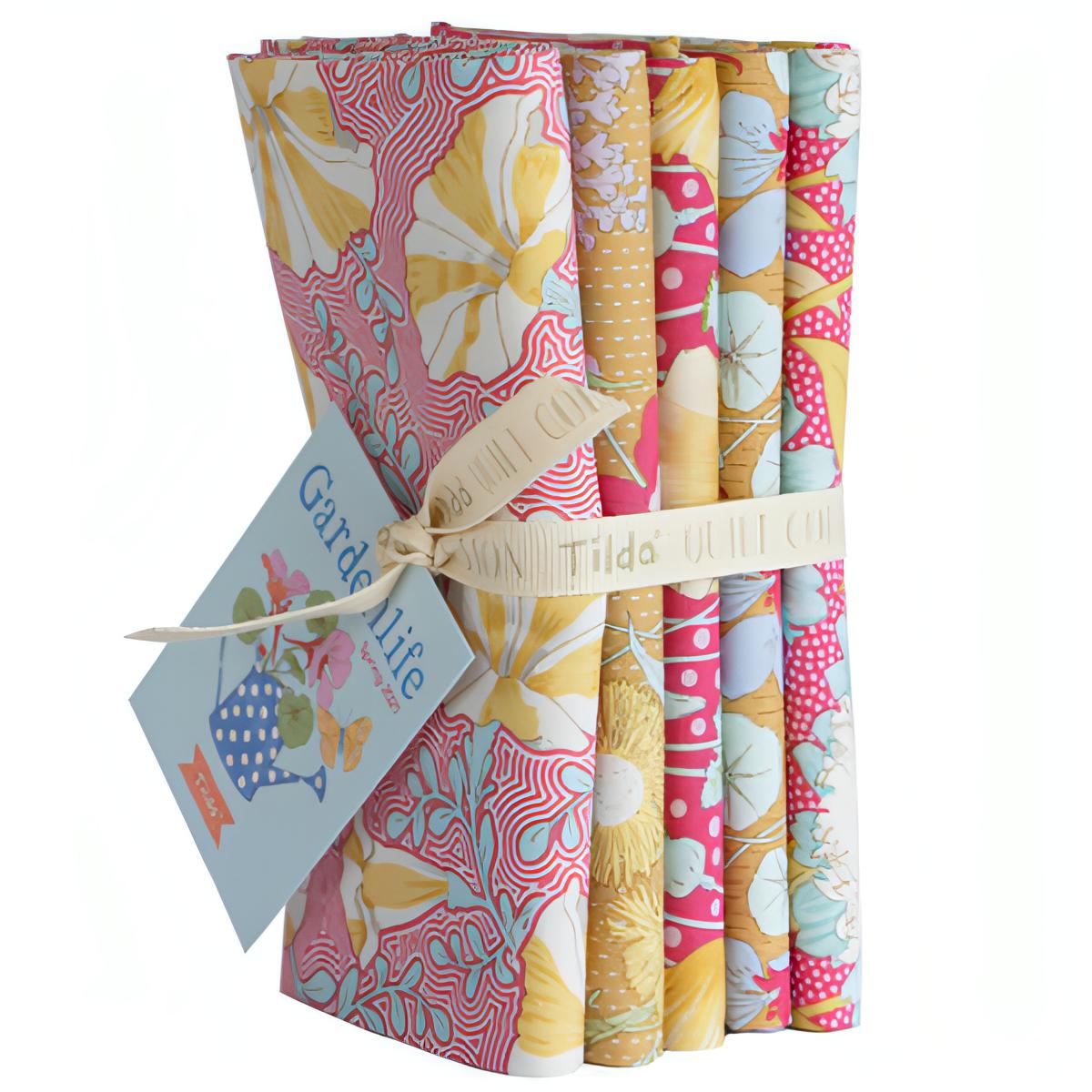 Tilda - Gardenlife Fat Quarter Bundle - 50 x 55cm - 5 Pieces - Mustard/Pink