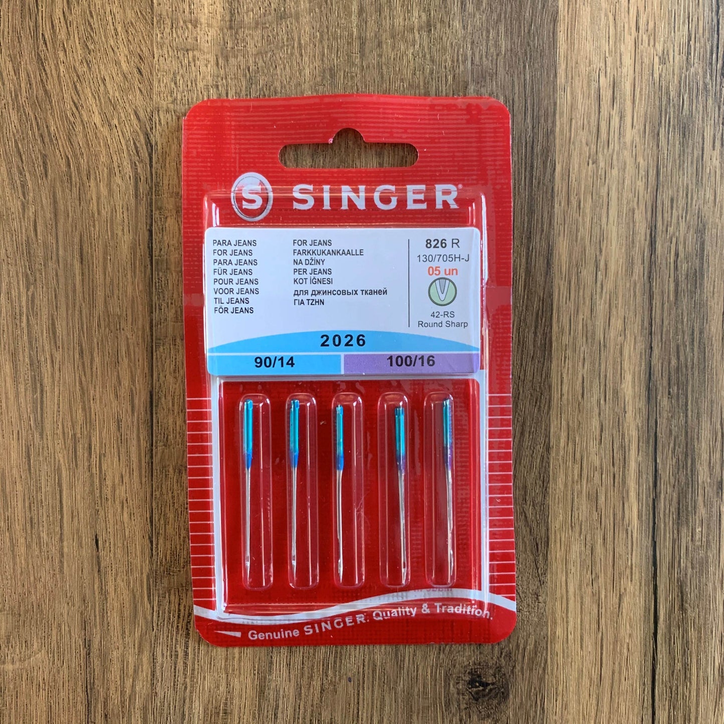 5 x Singer Jeans Needles (2026) Assorted 90/14, 100/16 (Pack of 5)