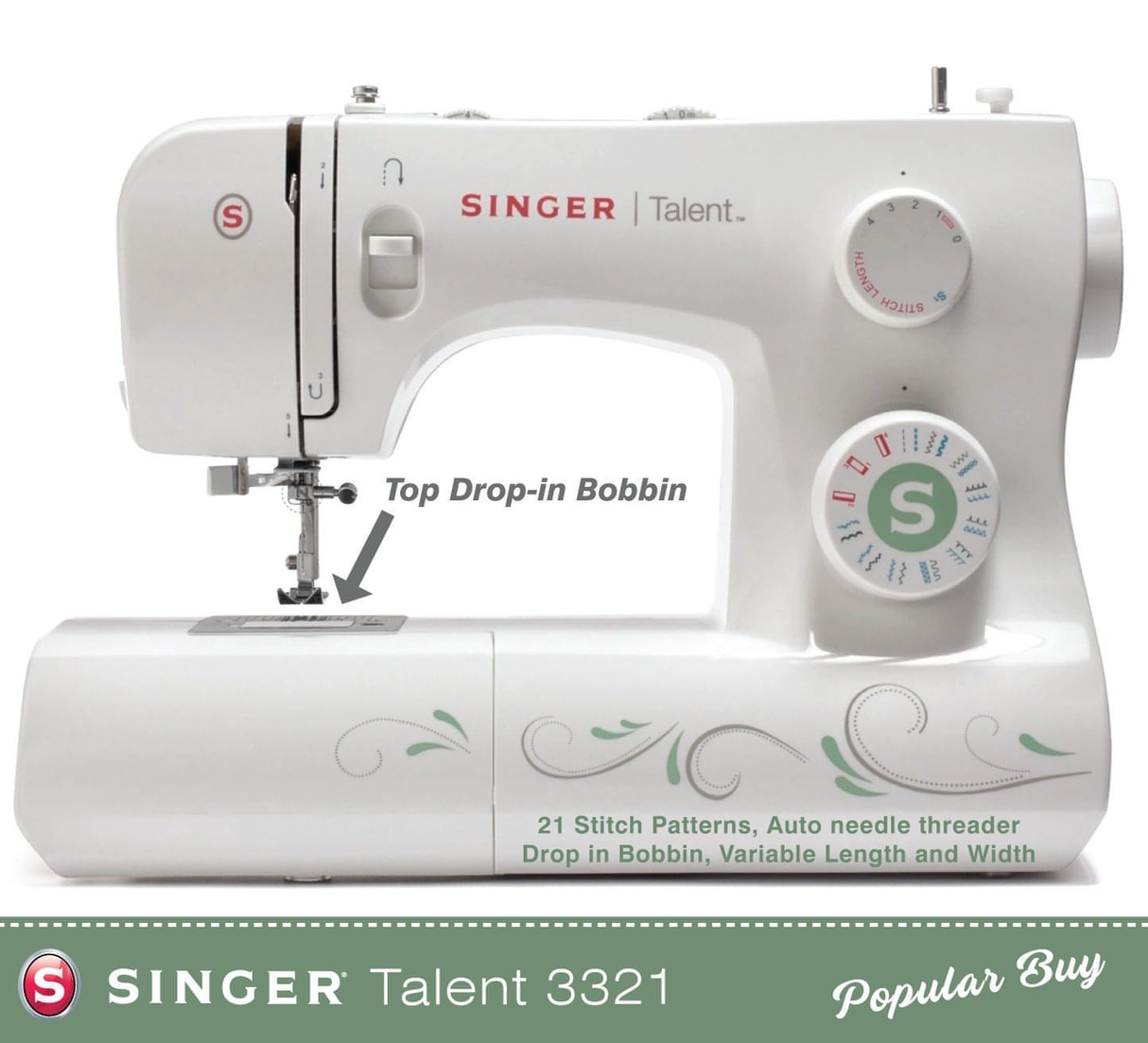 Singer Talent 3321 - lightweight and strong machine * with Denim needle pack * - Auto Threader, Drop in Bobbin, Overlocking and Stretch stitches