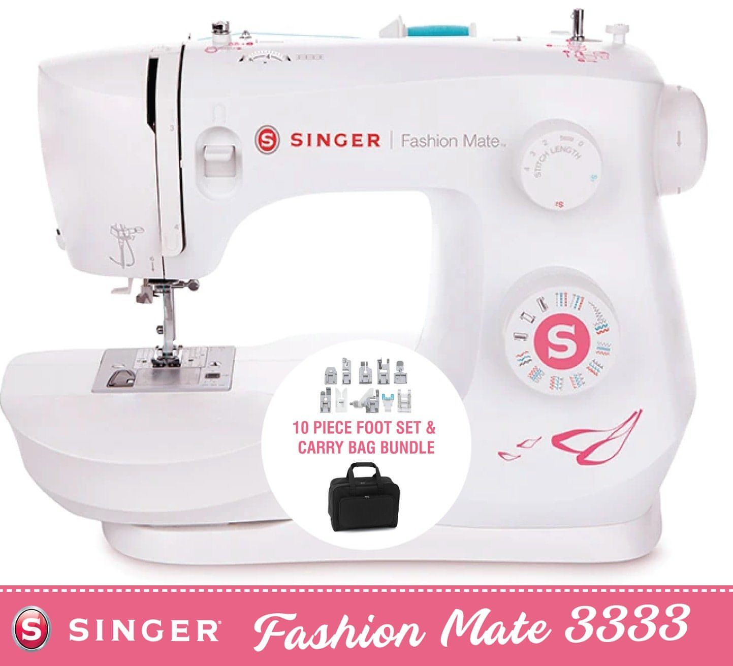 Singer Fashion Mate 3333 Bundle with 10 piece sewing accessory foot set and Storage Bag worth over £60