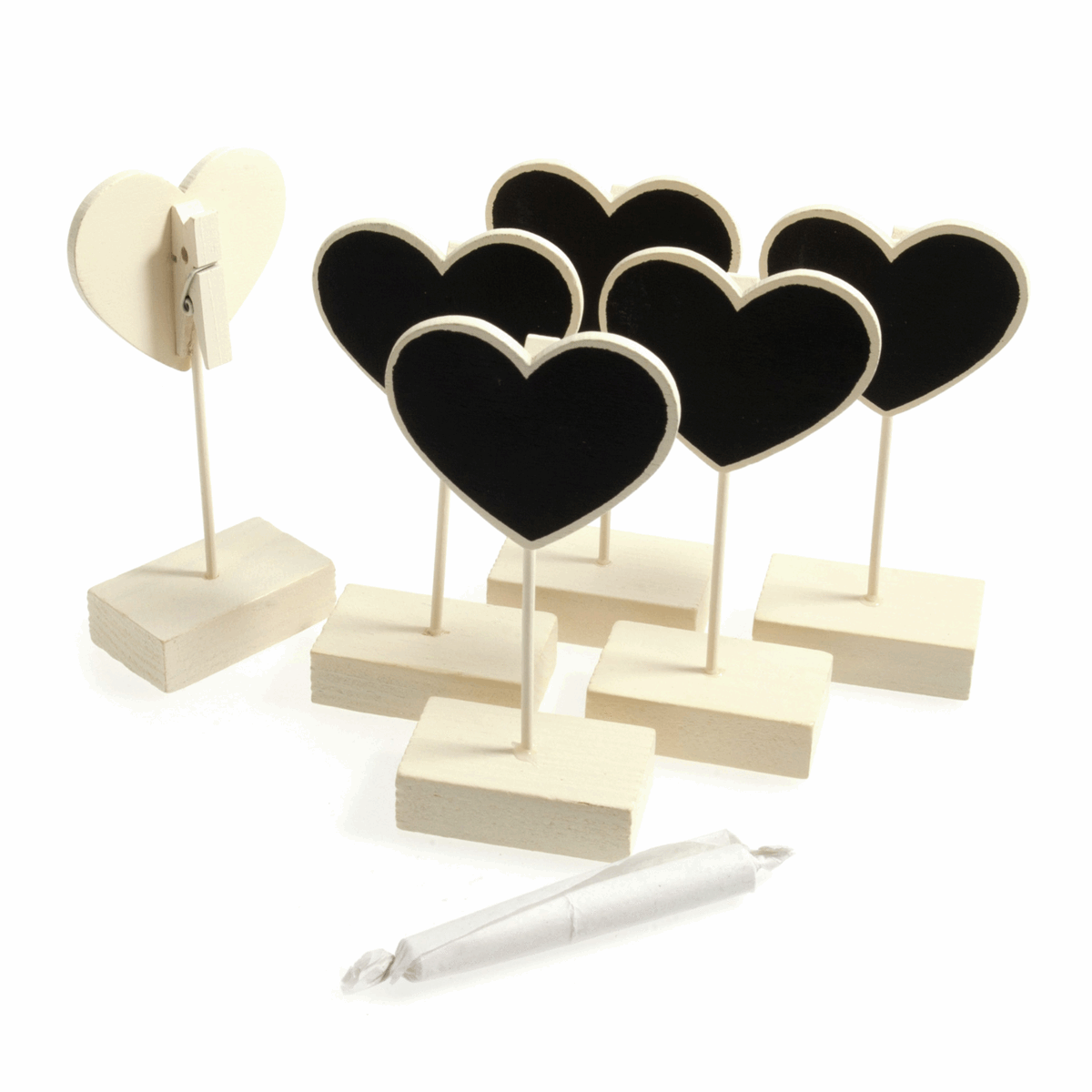 Ivory Heart Shape Chalk Board Card Holders with Pegs - 11 x 5cm (Pack of 6)