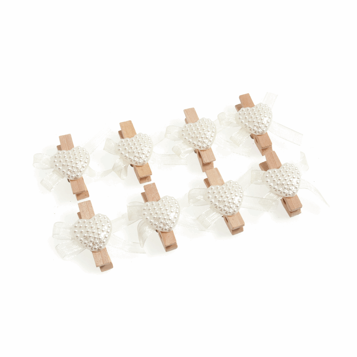 Ivory Pearl Textured Heart Wedding Pegs with Bows - 2cm (Pack of 8)