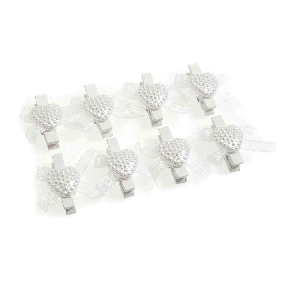 White Pearl Textured Heart Wedding Pegs with Bows - 2cm (Pack of 8)