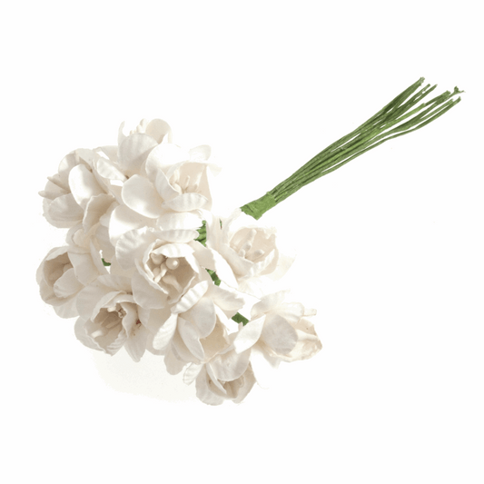 White Cherry Blossom Paper Flowers - 18mm (Pack of 12 Stems)