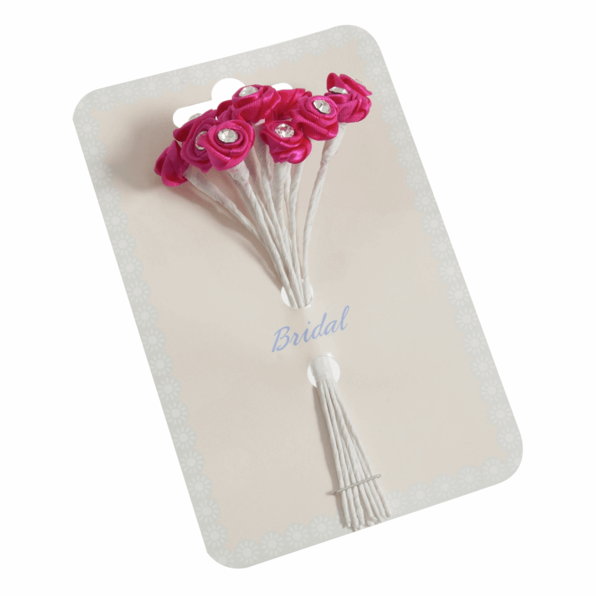 Hot Pink Ribbon Rose Flower Stems with Diamante - 13mm (Pack of 12 Stems)