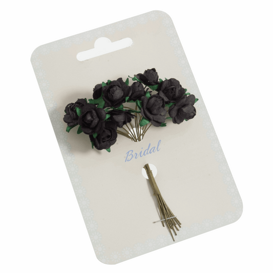 Black Rose Paper Flowers - 14mm (Pack of 12 Stems)