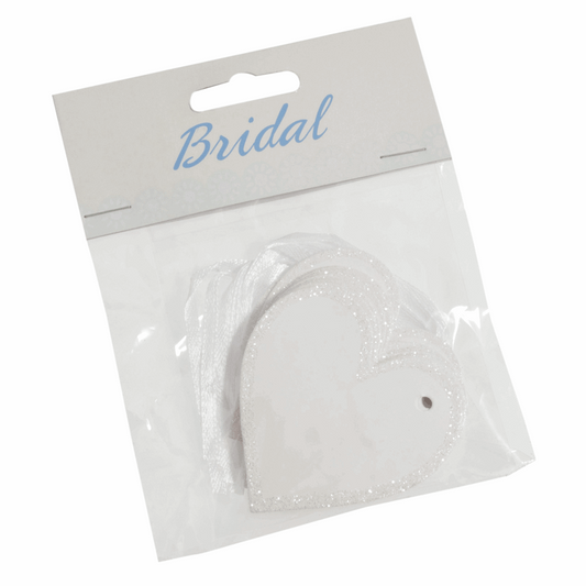 White Heart Wedding Tags with Ribbon - 60mm (Pack of 10)