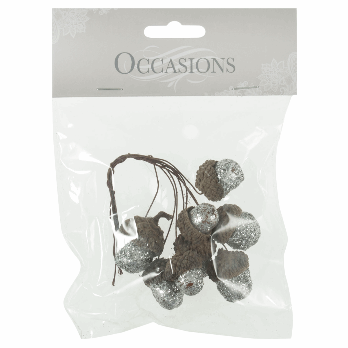 Silver Glitter Acorns on Wire (Pack of 8 Stems)