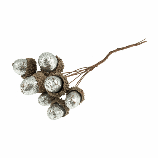 Silver Glitter Acorns on Wire (Pack of 8 Stems)