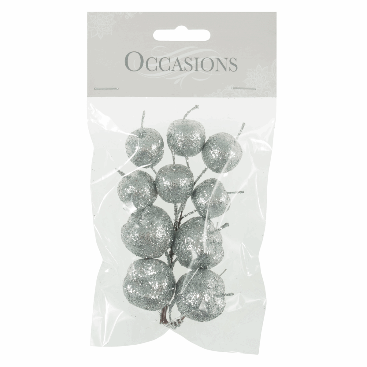 Silver Glitter Apples on Wire (Pack of 10 Stems)