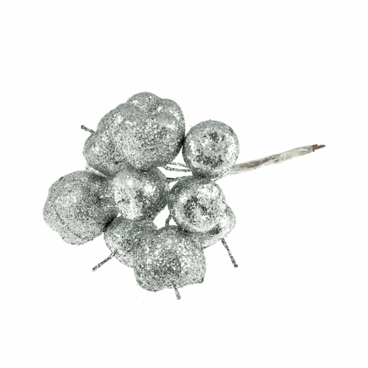 Silver Glitter Apples on Wire (Pack of 10 Stems)