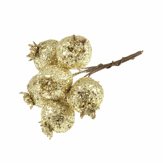 Gold Glitter Pomegranate Bunch on Wire (Pack of 12 Stems)