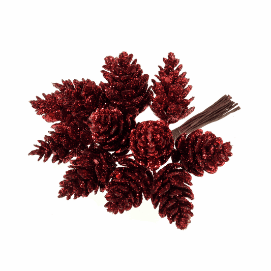 Red Glitter Pinecone Stems (Pack of 12 Stems)