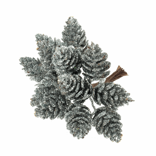 Silver Glitter Pinecone Stems (Pack of 12 Stems)
