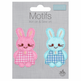 Iron-On/Sew On Motif Patch - Pink & Blue Checked Bunnies