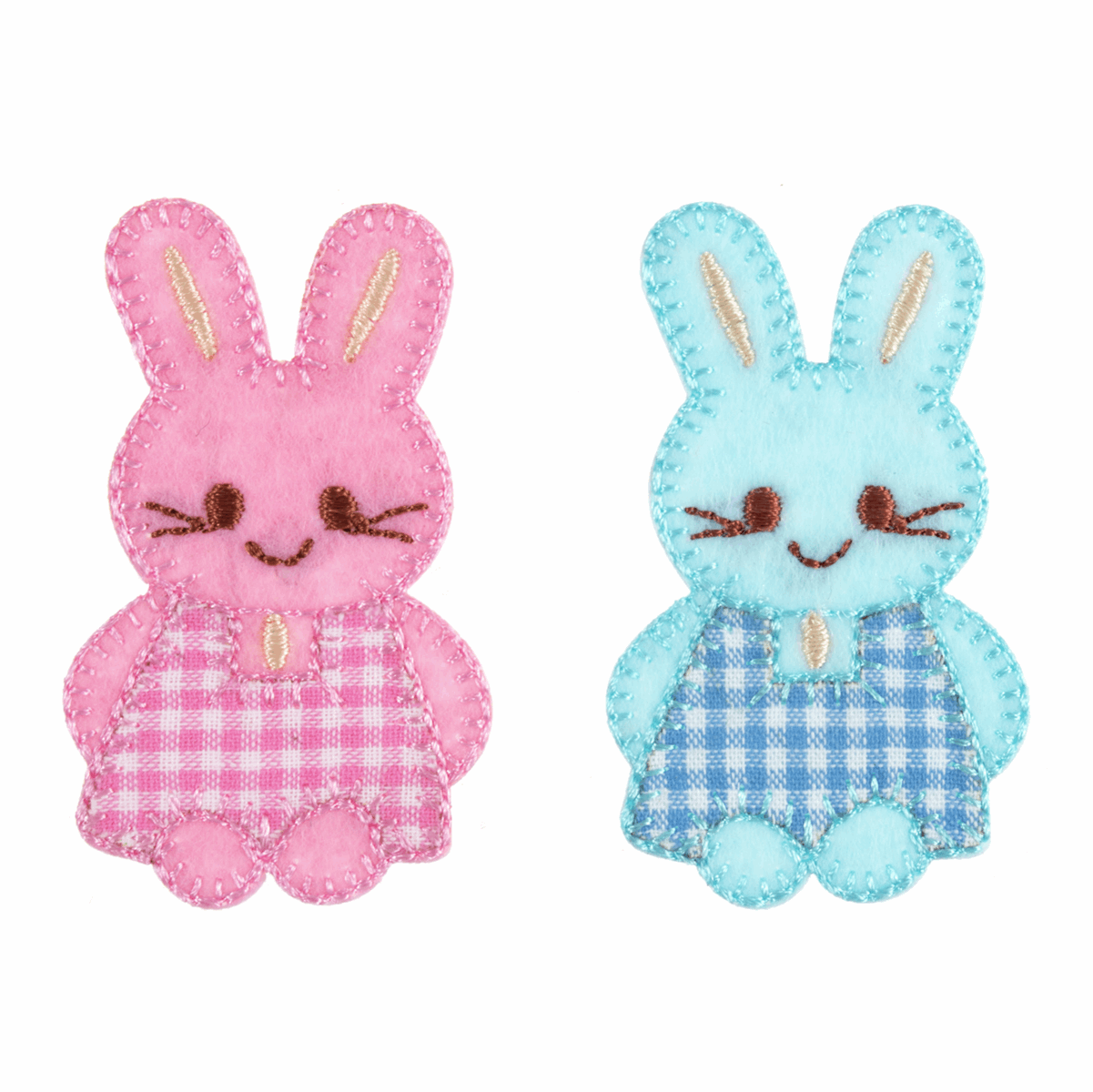 Iron-On/Sew On Motif Patch - Pink & Blue Checked Bunnies