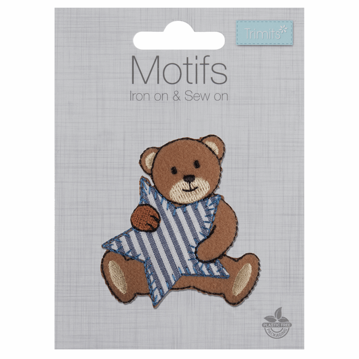 Iron-On/Sew On Motif Patch - Bear with Blue Stripe Star