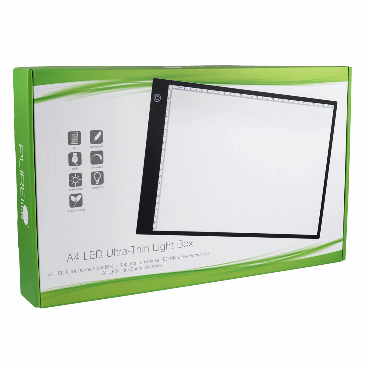 PURElite A4 Ultrathin Led Light Box with Natural Daylight dimmable LEDs - Features ruler border, USB, battery or mains powered
