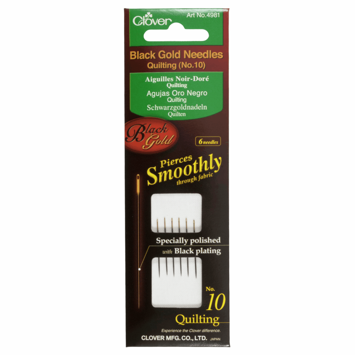Clover Black/Gold Hand Sewing Quilting Needles - Size No. 10 (Pack of 6)