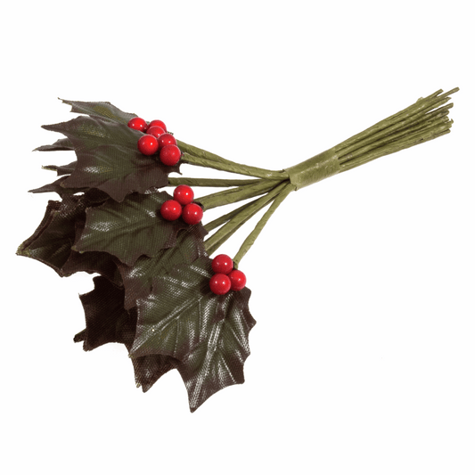 Artificial Holly Leaves with Berries (Pack of 12 Stems)