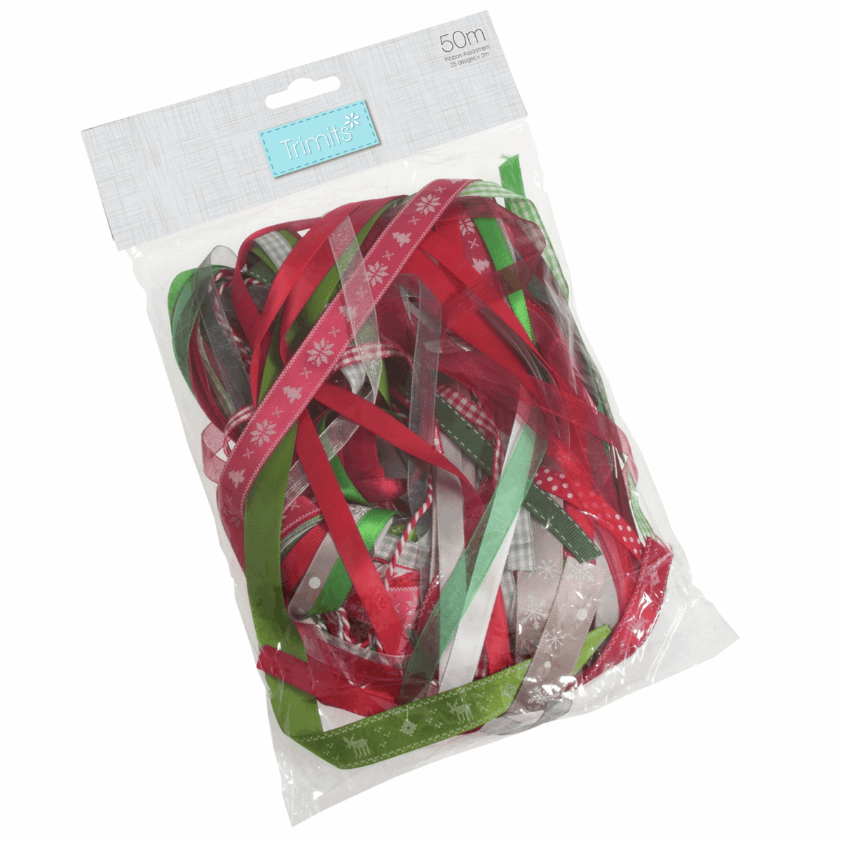 Trimits Mixed Christmas Ribbon Bag - 50m (25 x 2m cut lengths)