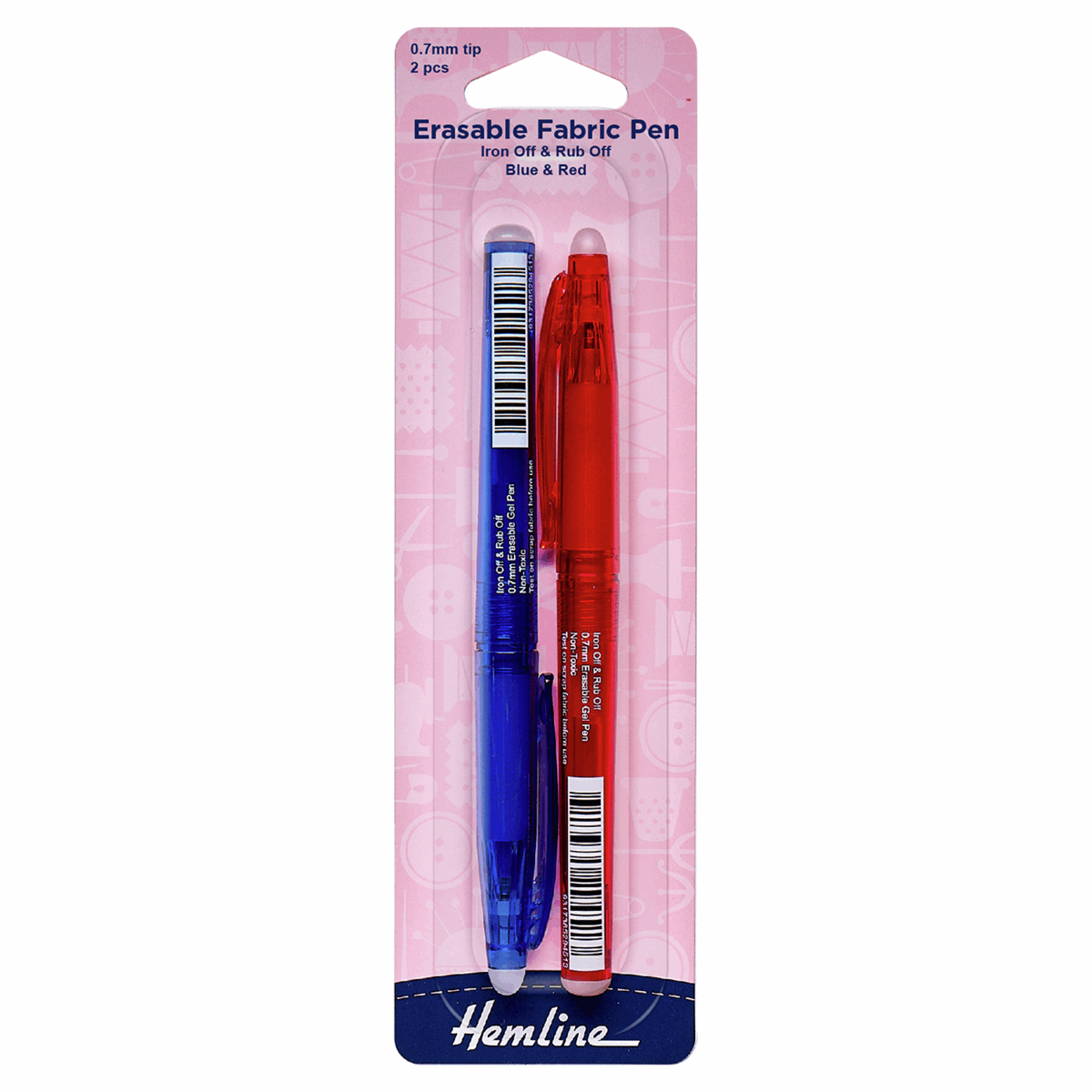 Hemline Erasable Fabric Pens - Blue & Red (Pack of 2)