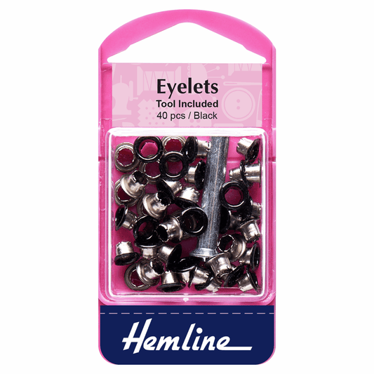 Hemline Black Eyelets with Tool - 5.5mm (Pack of 40)