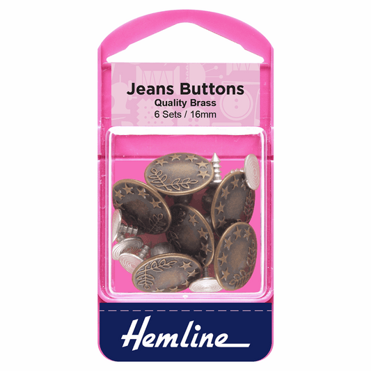 Hemline Brass Jeans Buttons - 16mm (Pack of 6 Sets)