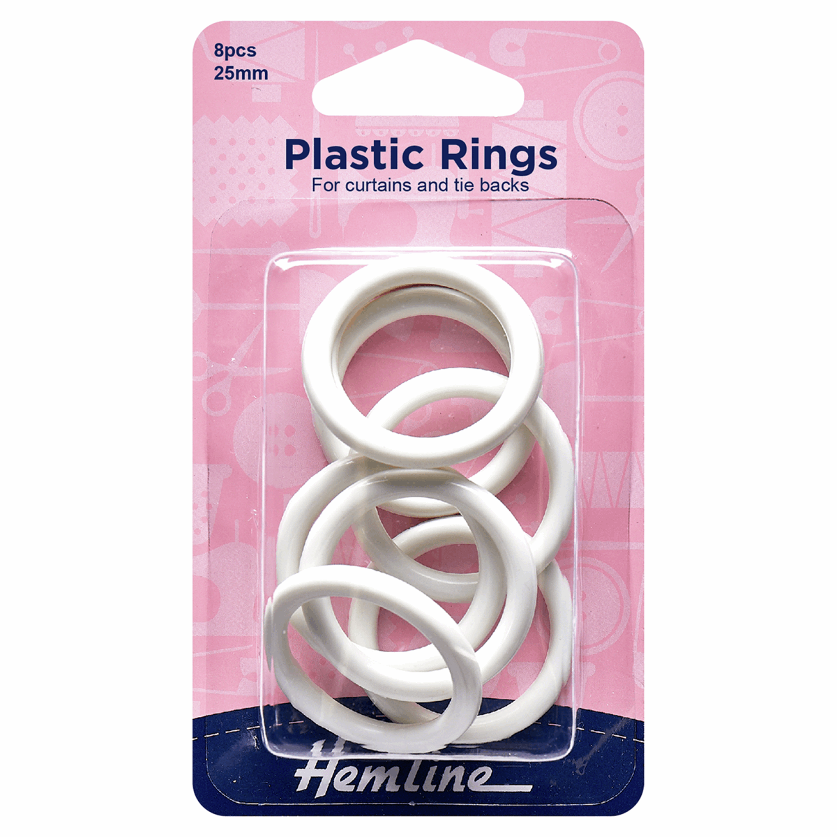 Hemline White Plastic Curtain Rings - 25mm (Pack of 8)