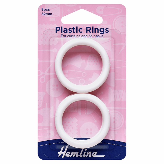 Hemline White Plastic Curtain Rings - 32mm (Pack of 8)