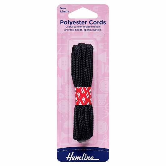 Hemline Black Polyester Cord - 1.5m x 6mm