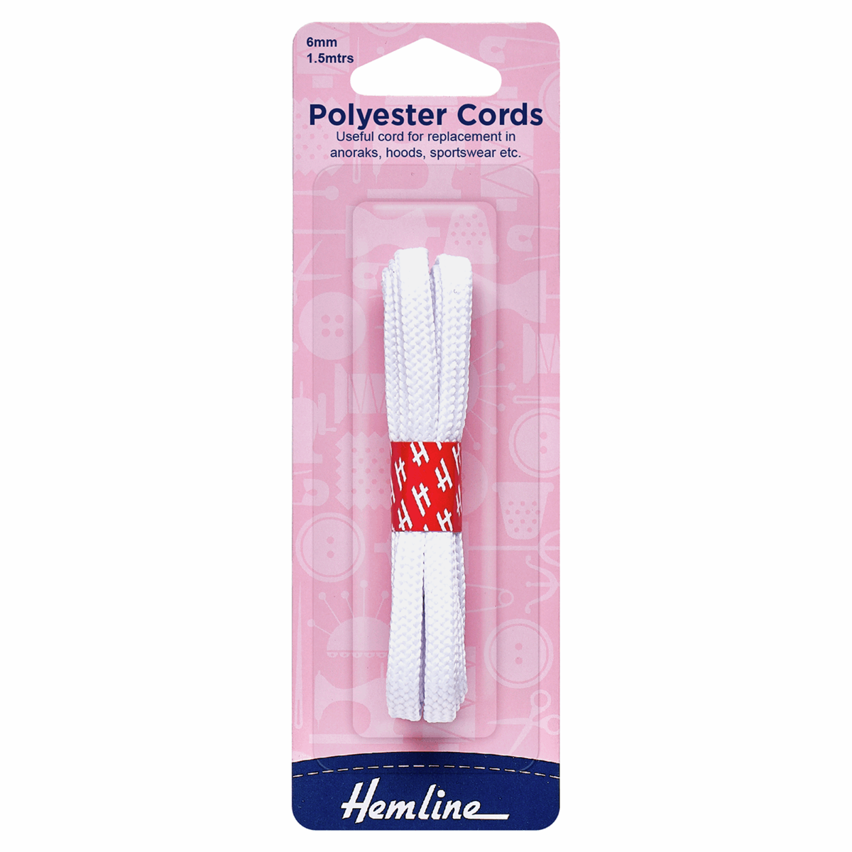 Hemline White Polyester Cord - 1.5m x 6mm