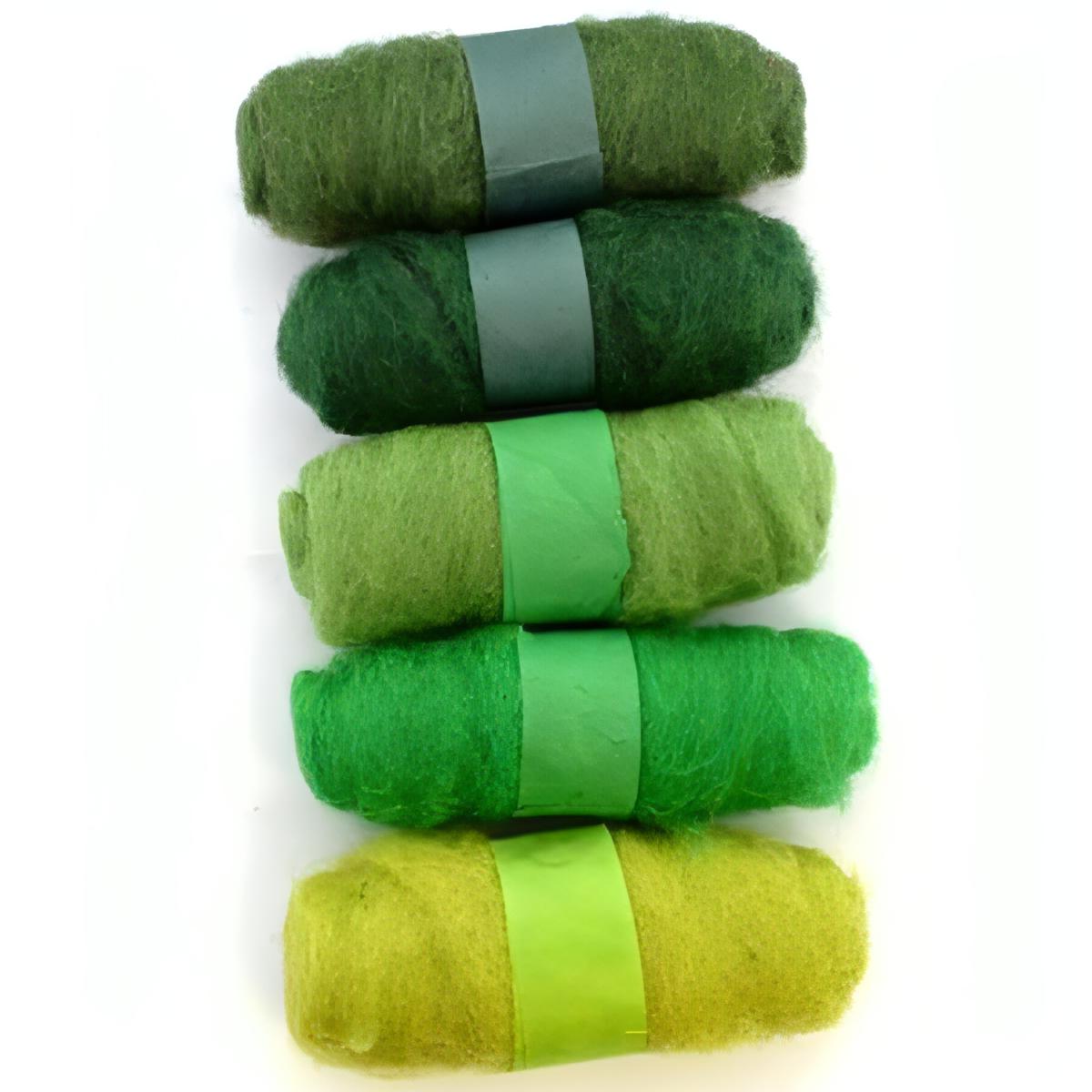 Felting Fibre Wool 20g - Assorted Bright Greens (5 Pack)