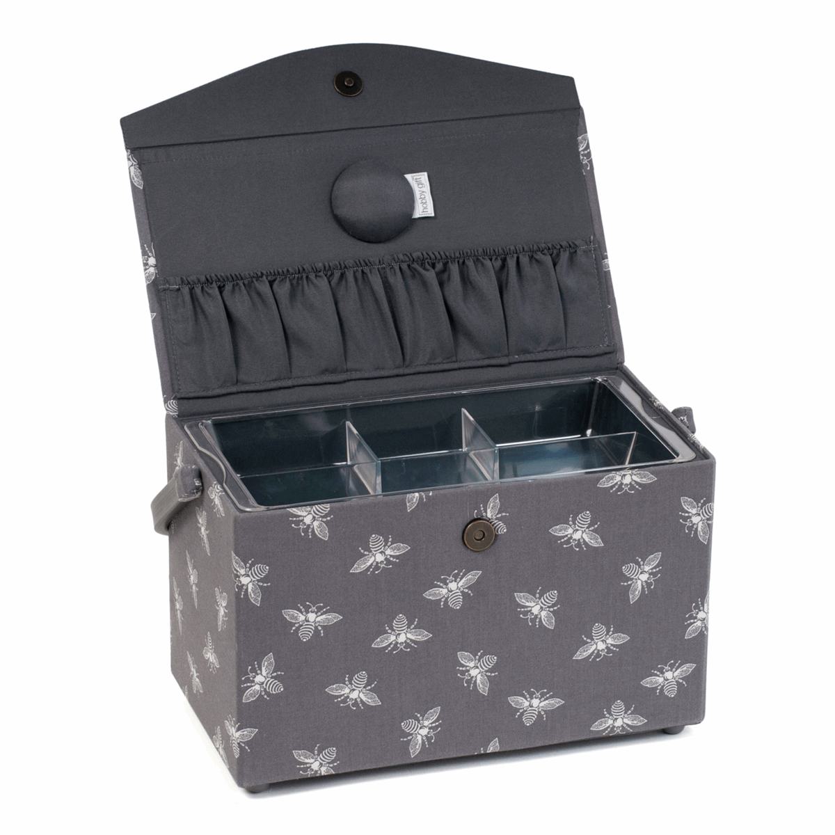 Grey Bees Sewing Box with Fold Over Lid - Medium