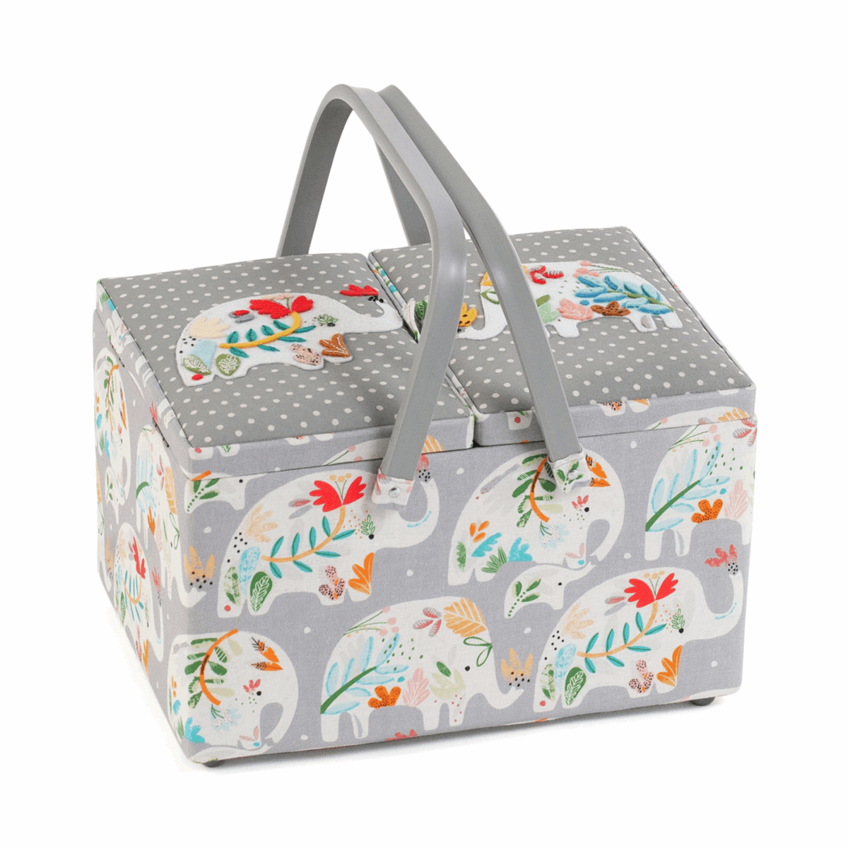 Elephants Twin-Lidded Sewing Box with Appliqué Lid - Large
