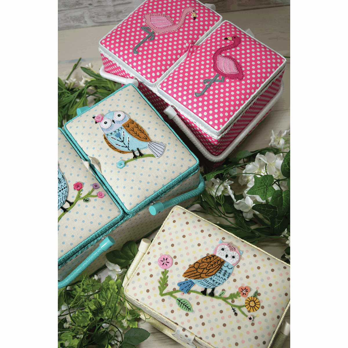 Applique Flamingo Twin Lid Sewing Box - Large