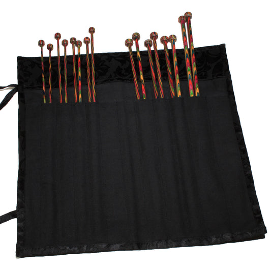 Fabric Knitting Pin Case, Black Jacquard Wrap-Around, 25cm
