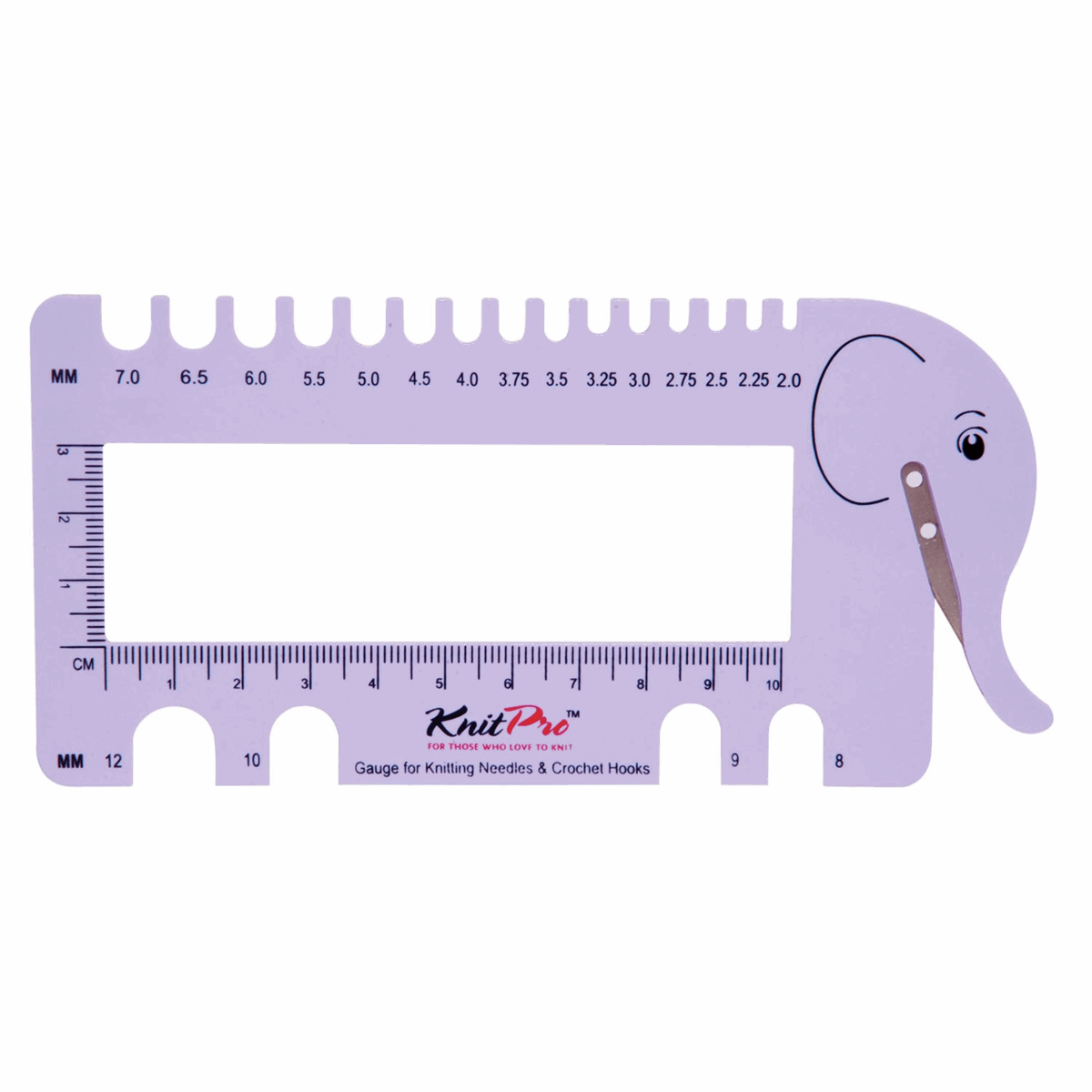 Knitting Pin & Crochet Hook View Sizer with Yarn Cutter: Lilac Elephant
