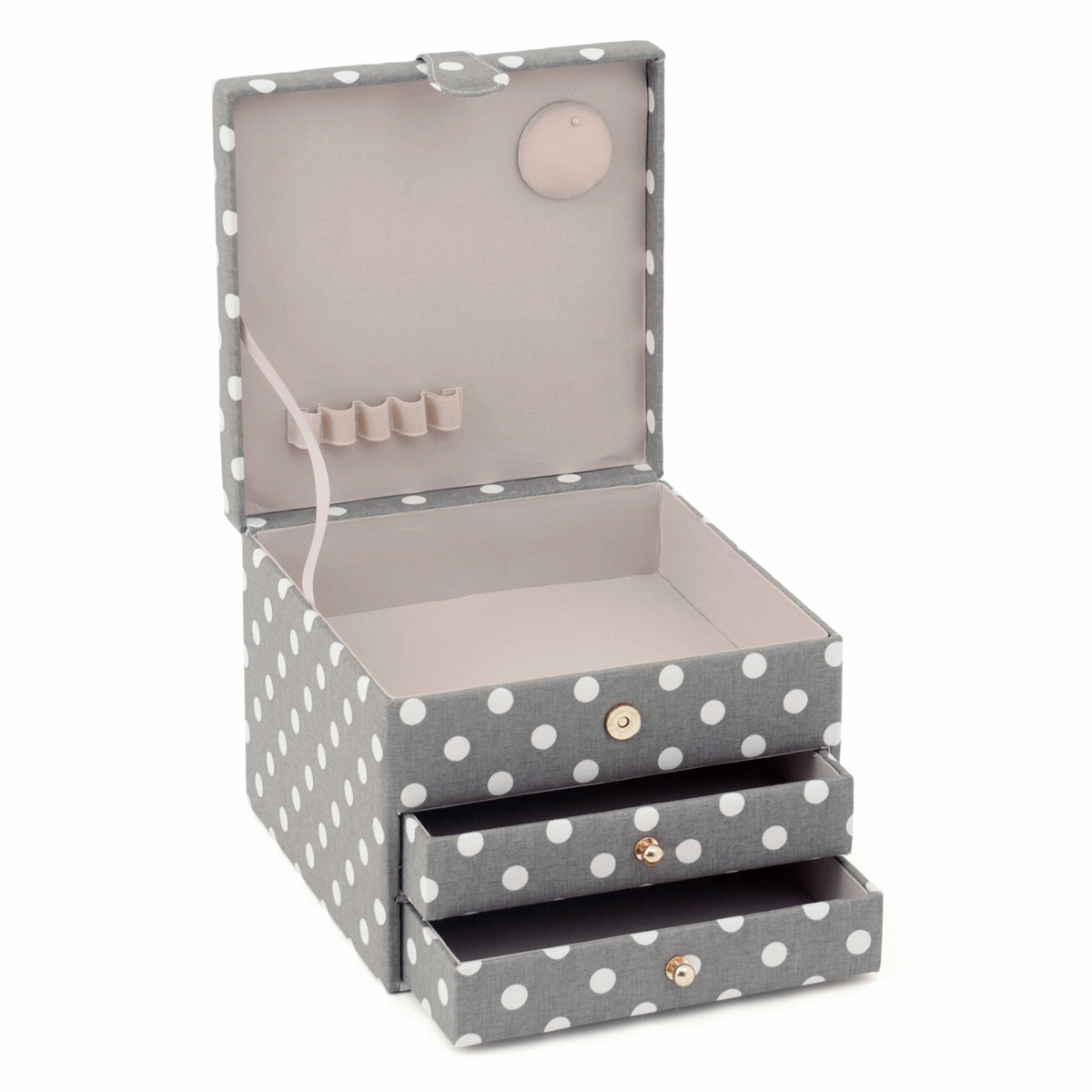 Grey Linen Polka Dot Sewing Box - 2 Drawers Large