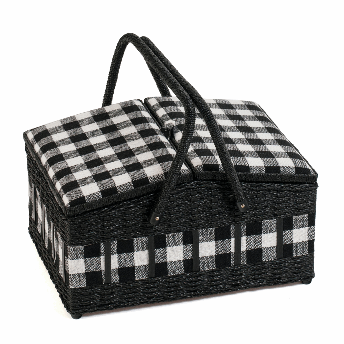 Monochrome Gingham Twin-Lidded Wicker Hamper Sewing Box - Large