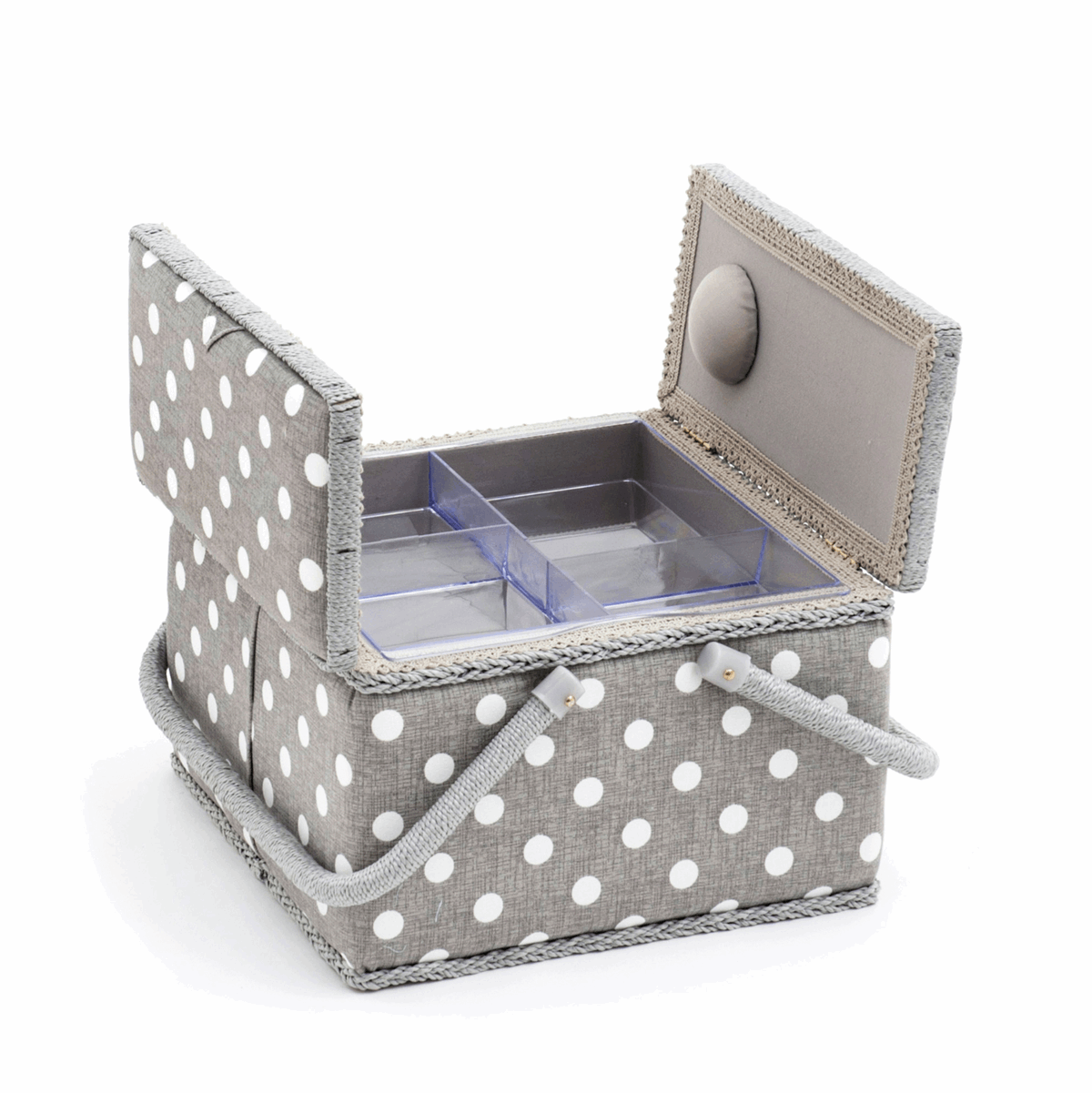 Grey Linen Polka Dot Sewing Box with Twin Lid - Large Square