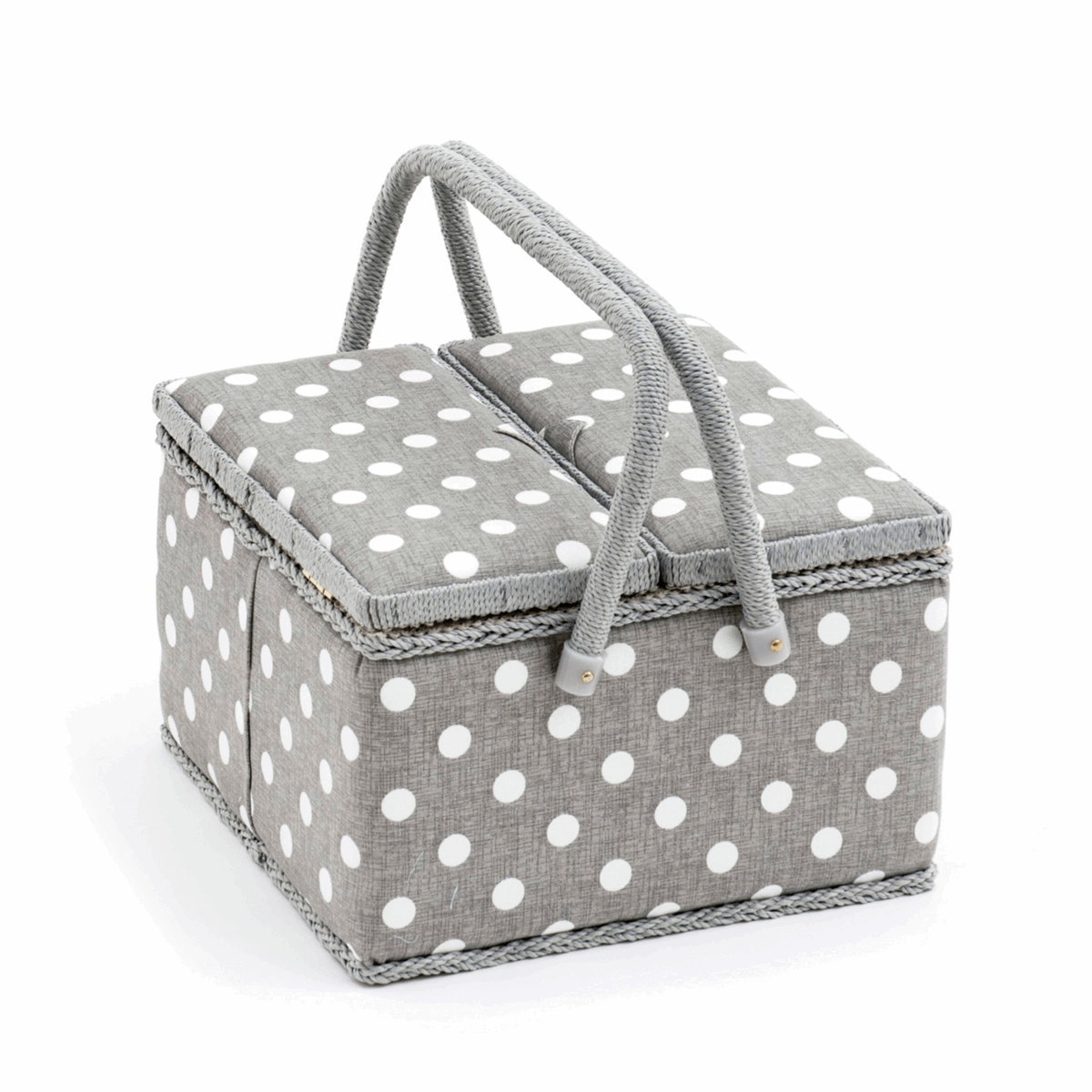 Grey Linen Polka Dot Sewing Box with Twin Lid - Large Square