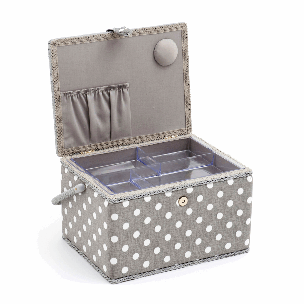 Grey Linen Polka Dot Sewing Box - Large