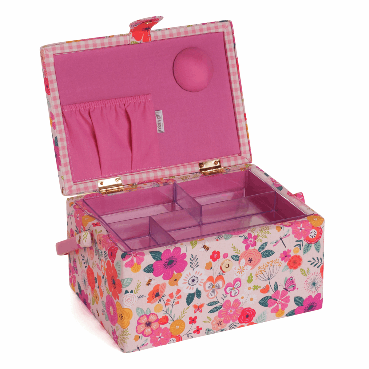 Embroidered Pink Floral Garden Sewing Box - Medium