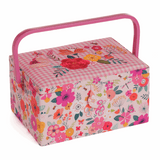 Embroidered Pink Floral Garden Sewing Box - Medium