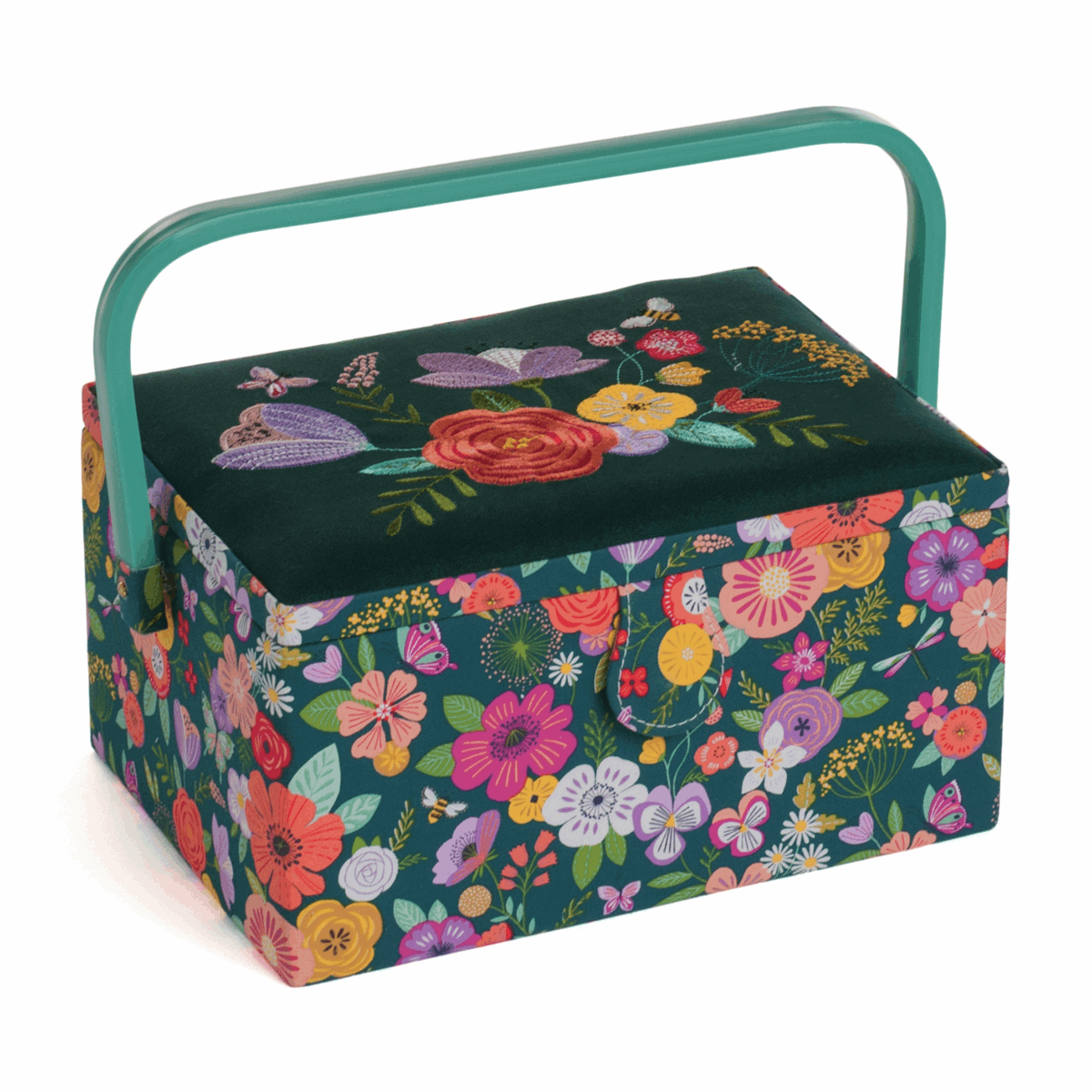 Embroidered Teal Floral Garden Sewing Box - Medium