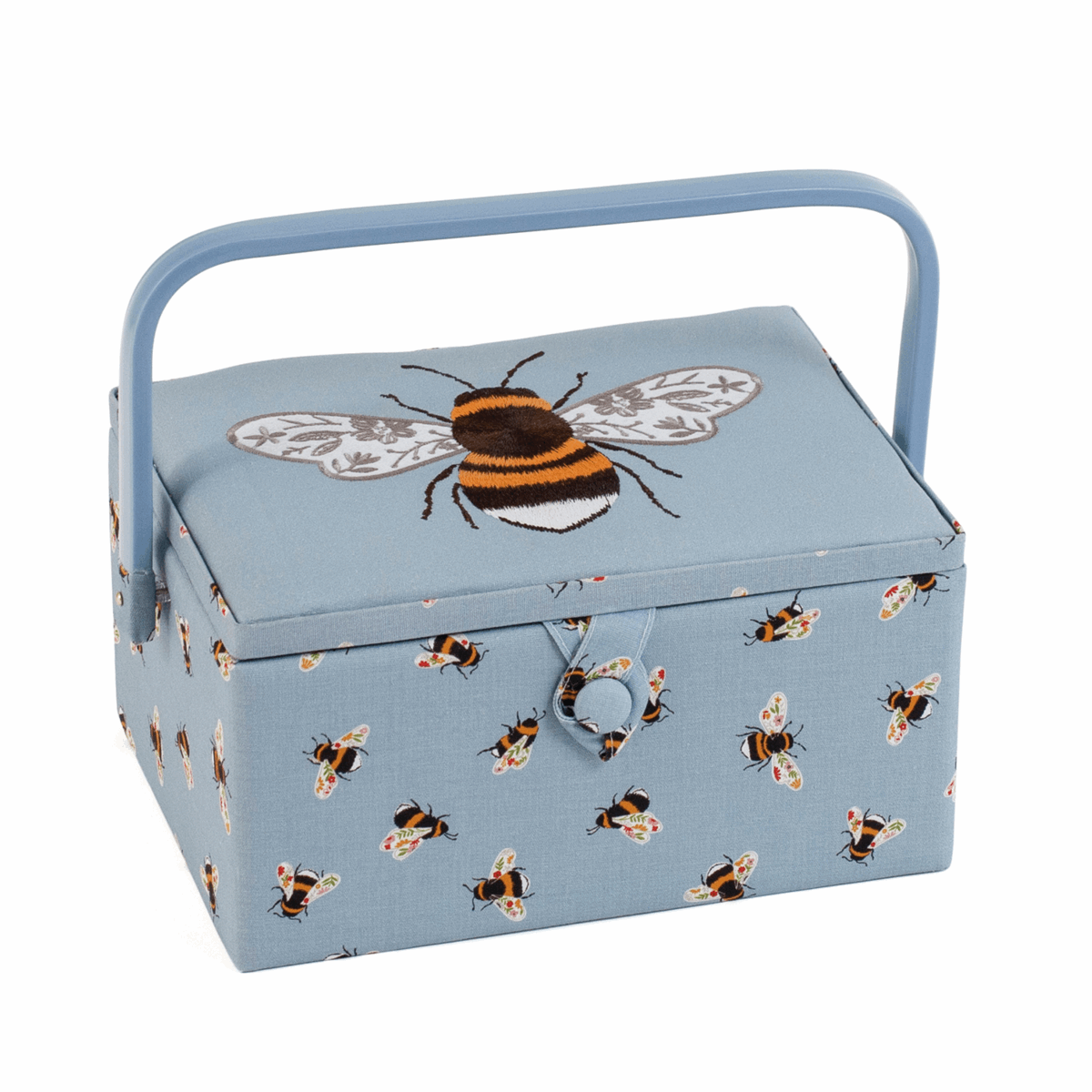 Blue Bees Sewing Box with Embroidered Lid - Medium