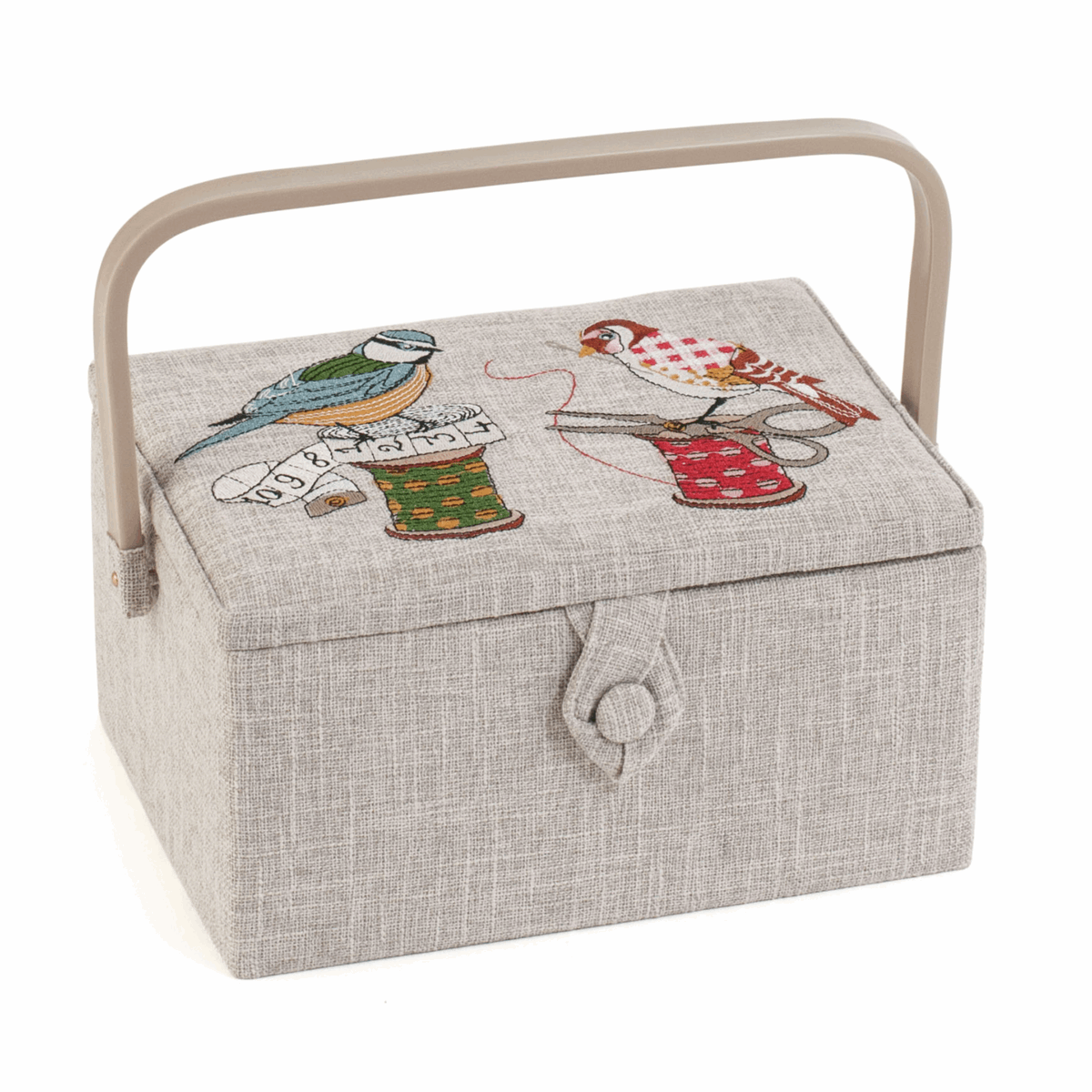 Birds on Bobbin Sewing Box with Embroidered Lid - Medium